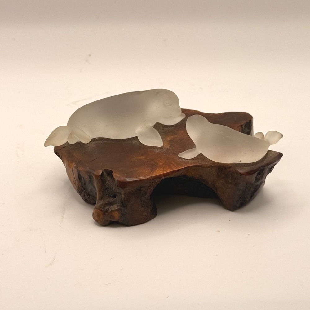 Frosted Glass Seal Figurine on Natural Burl Wood Base Coastal Decor Sculpture